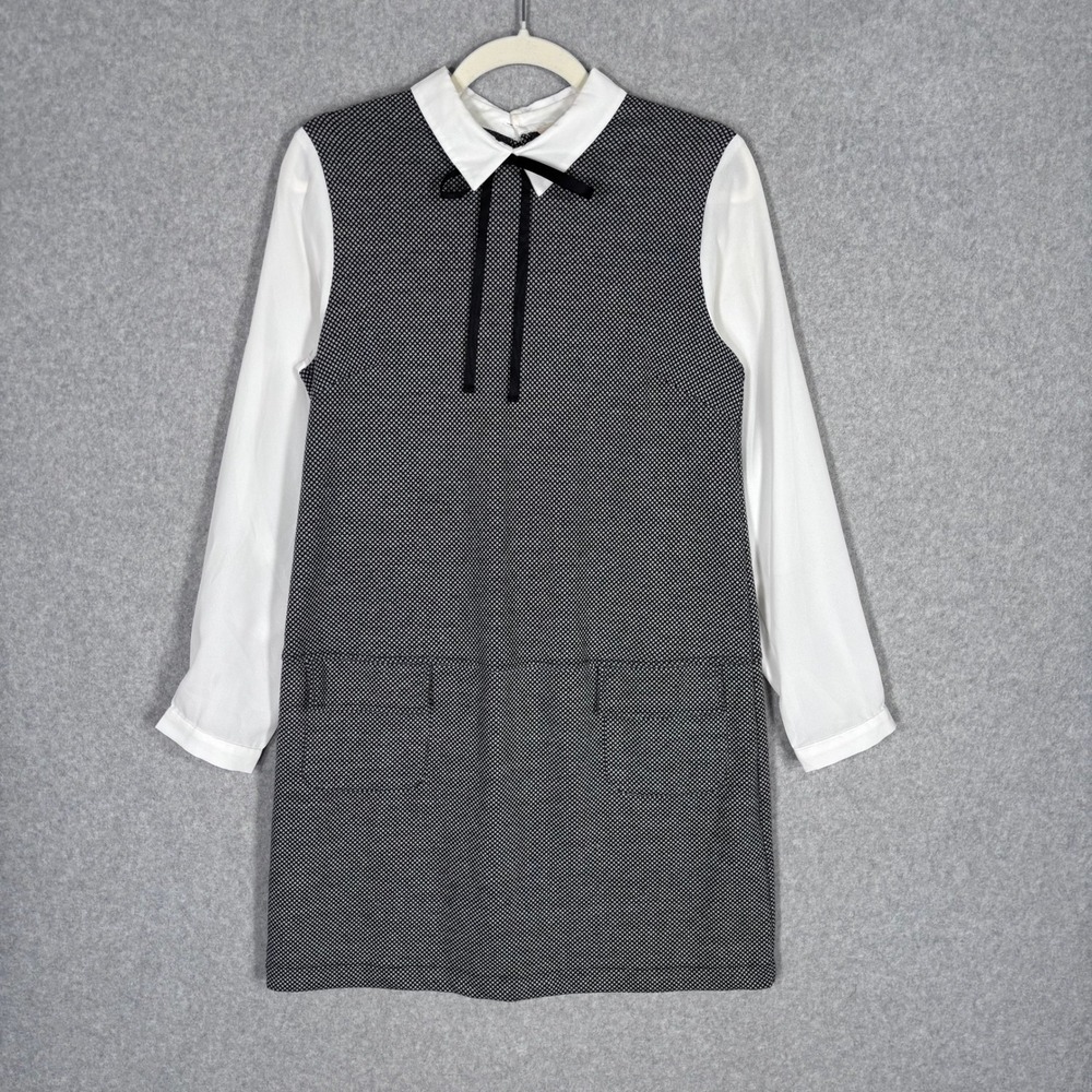 Tweed Bow Collar Shift‎ Mini Dress Small Black White Twee Retro Preppy Old Money